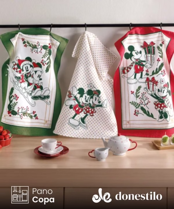 Kit 3 peças Pano de Copa Döhler Prata Mickey e Minnie 26 Natal medindo 45X65 cm