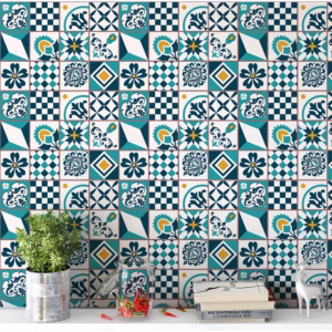 Papel de Parede Azulejo Lavável Português em Tons de Verde