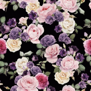 Papel de parede floral com fundo preto e flores em tons de rosa e roxo 1,50 mts