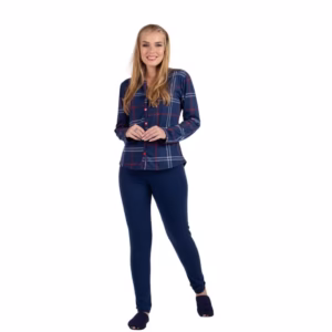 Conjunto Pijama Feminino Aberto Camisa e Calca Longa Xadrez Com Botoes Confortavel Para o Inverno