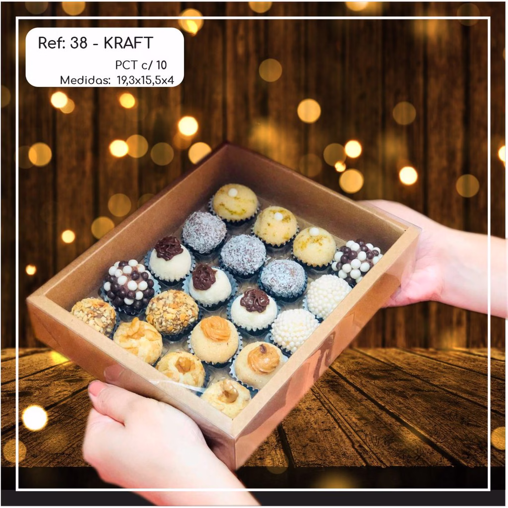 5~25 Caixas Embalagem Moldura 20 Doces Com Visor em Acetato KRAFT 19,3 x 15,5 x 4 - Ref. 38.