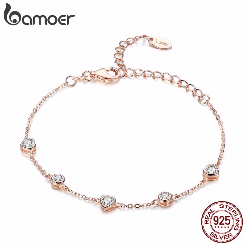 Bamoer Clássico 925 Sterling Silver Coração Cor Do Ouro Mulheres Pulseiras Cadeia Fecho Da Lagosta Pulseira De Prata Esterlina Jóias Scb097