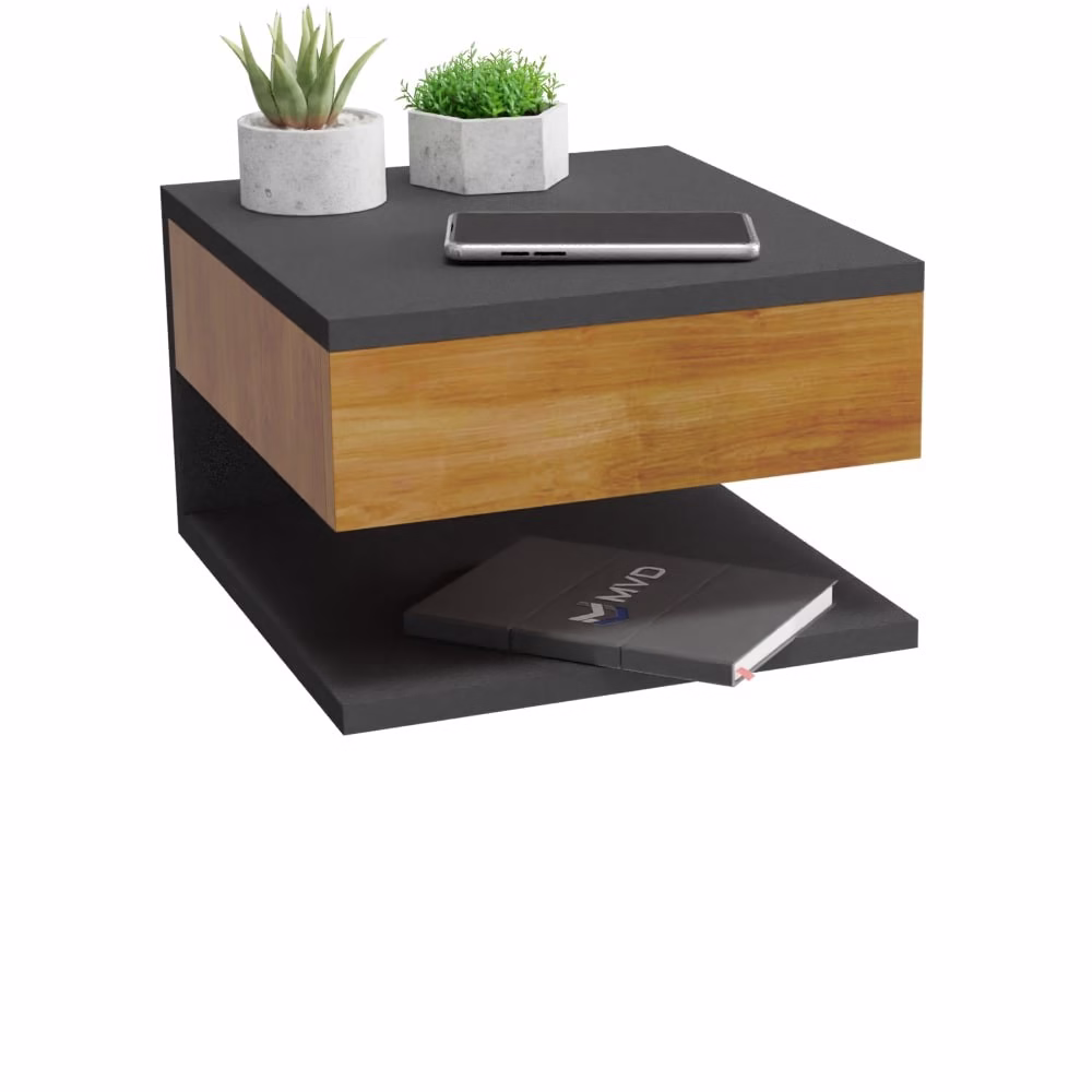 Mesa De Cabeceira Cor Preto E Madeira Freijó Mesinha Suspenso Com Gaveta e Prateleira MVD Móveis