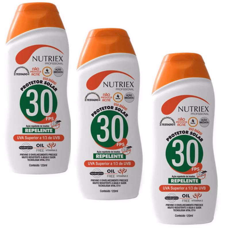 Protetor Solar FPS 30 com Repelente 120 ML Bisnaga com 3 Peças NUTRIEX