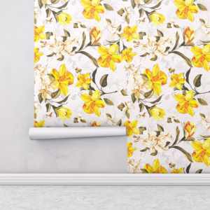 Papel de parede floral tons de amarelo marrom verde fundo cinza claro Para Sala e Quarto