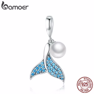 Bamoer 925 Sterling Silver A Cauda Da Sereia De Água Doce Pérola Pingente Charme fit Charm Bracelet Jóias DIY SCC877