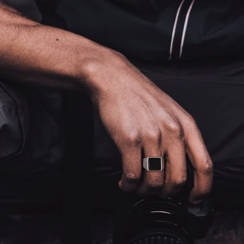 Vnox Anel Masculino De Prata Com Pedras Preciosas Pretas - Imagem 2