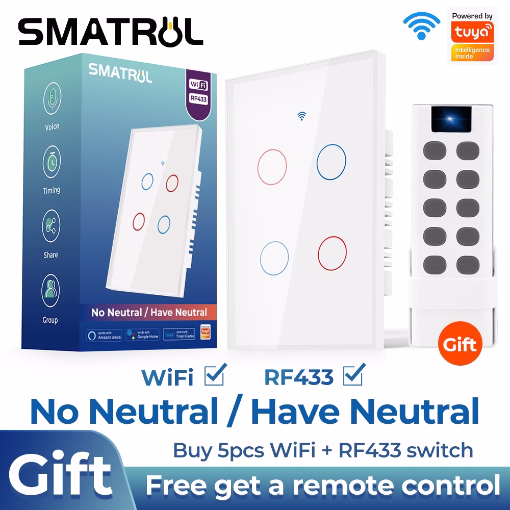 SMATRUL Interruptor Wifi/Inteligente Touch Com Controle Por APP "Smart Life" Amazon Para Parede com neutro