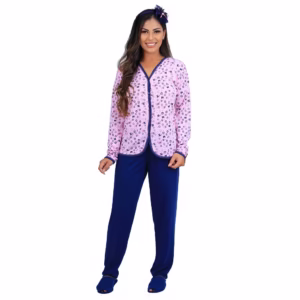 Conjunto Roupa De Dormir Estampado Calca De Frio E Blusa Manga Longo Com Botao