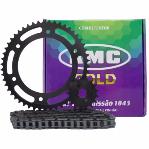 Kit Transmissao Completo KMC Gold NXR Bros 150 Até 2008 C/Retentor - Em Aço 1045 Corrente/Coroa e Pinhão