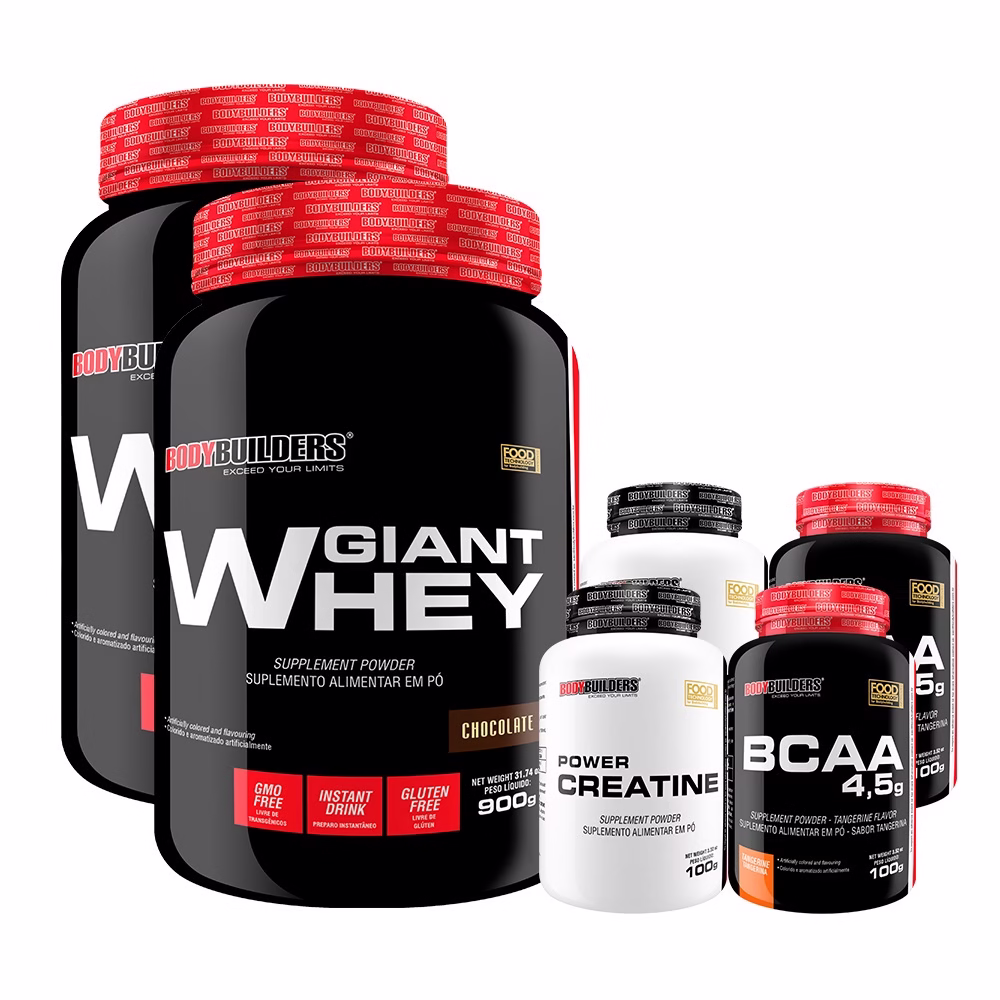 Kit 2x Whey Protein Giant Whey 900g + 2x Power Creatina 100g + 2x BCAA 4,5 100g - Bodybuilders