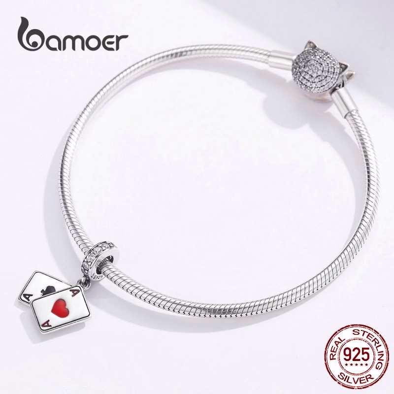 Bamoer Poker Ace Charme Pingente Duplo Para 925 Prata Charm Bracelet Jóias Diy Scc1172 - Imagem 2