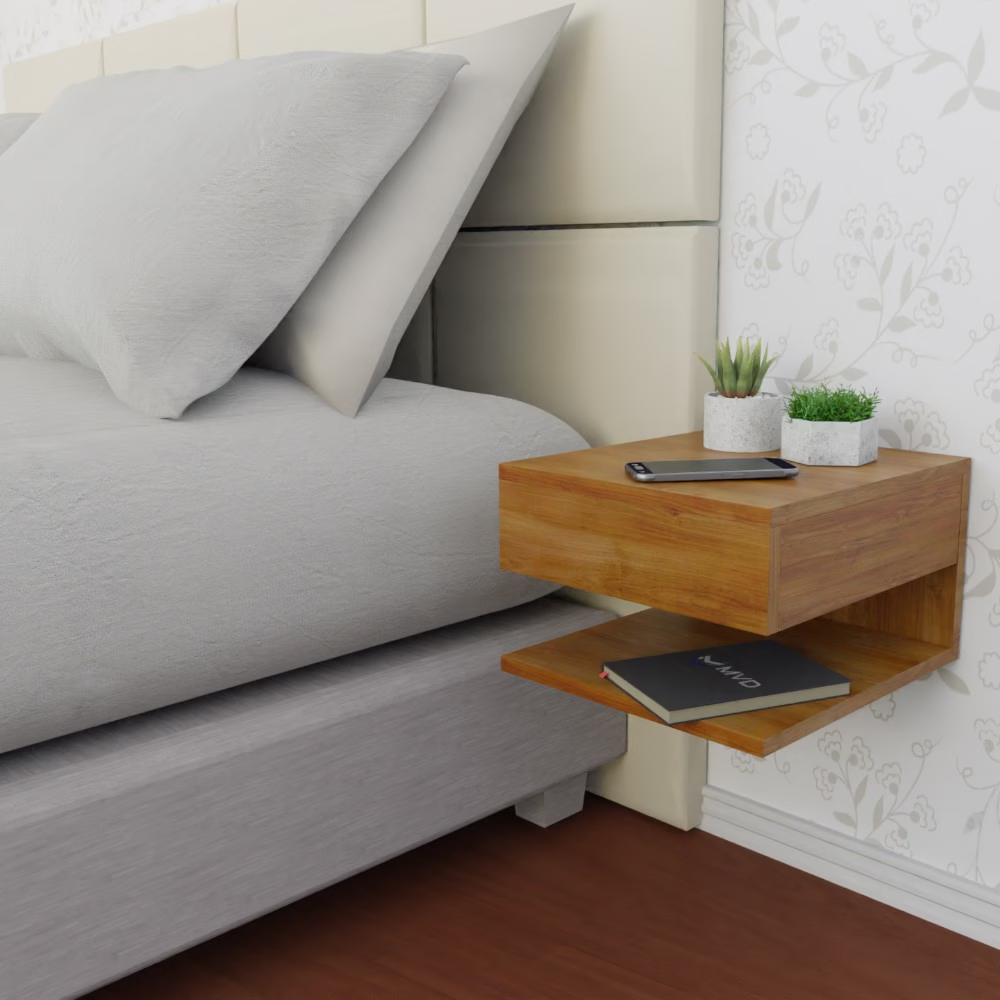 Mesa De Cabeceira Suspensa Cor madeira Freijó Mesinha Com Gaveta e Prateleira MVD Móveis - Imagem 2
