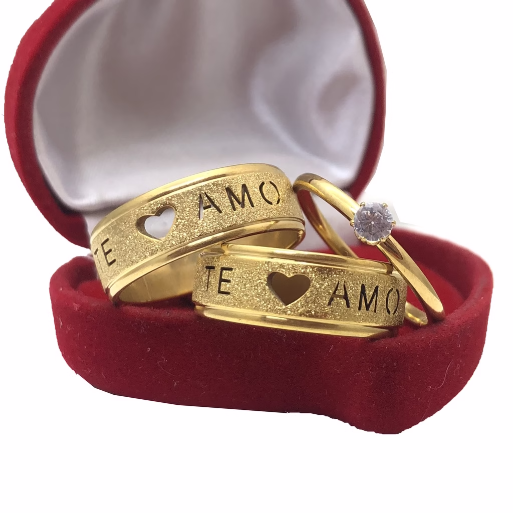 Par de Aliança Anatomica Diamantada Te amo com Coração Vazado de casamento e noivado