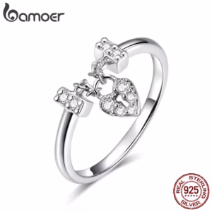 Bamoer Genuine 925 Sterling Silver Amor Do Coração Bloqueio Luminoso CZ Anéis De Casamento Para As Mulheres Jóias De Prata Esterlina SCR466