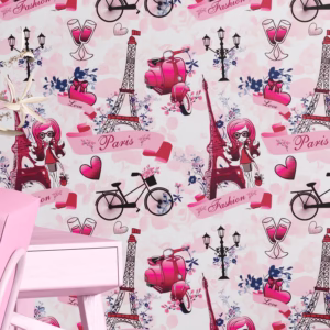 Papel de Parede Paris Fashion Amor Bicicleta Torre Eiffel Autocolante