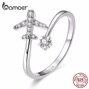 Bamoer 925 Silver Fashion Ring Anel De Prata Jóias Padrão De Viagem De Avião SCR623