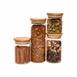 Kit 4 potes herméticos de vidro 200ml, 250ml, 300ml, 450ml com tampa de bambu - Oikos