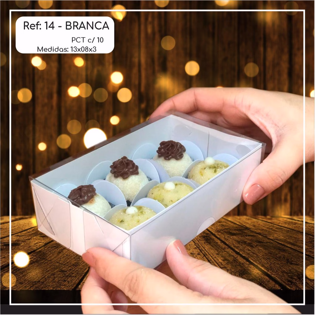 10~50 Caixas Embalagem 6 Doces Com Visor em Acetato BRANCA 13x8x3 - Ref. 14 ( Chocobraz )//