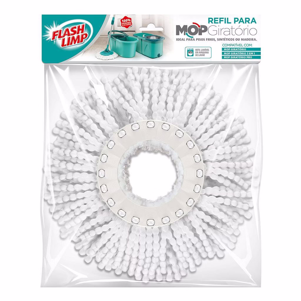 Refil para Mop Giratório Flash Limp Microfibra Ciclone, Pro, Odyssey, 3 em 1, Verde Água