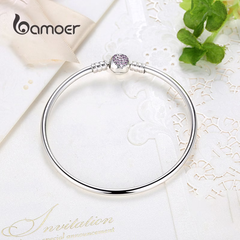 Bamoer Real Silver 925 Bracelet & Bangle Com Amor Pingente De Zircão Cúbico Embutido Moda Jóias Para As Mulheres & Meninas Presentes Pas904 - Imagem 2