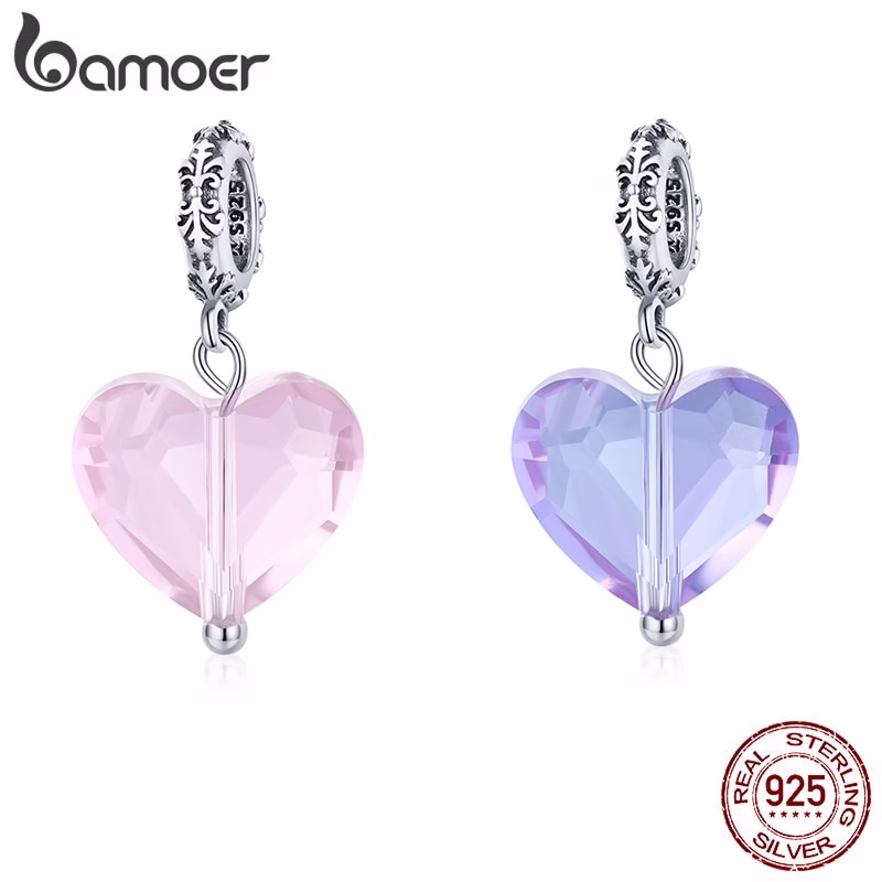 Bamoer 925 Prata Esterlina Coração Pingente Azul E Rosa Contas Para Pulseira Colar DIY Acessórios De Moda SCC1816