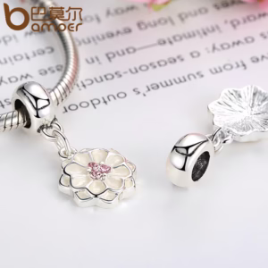 Bamoer Cor Prata Branco BLOOMING Dália Pingente Charme Fit Pulseiras Colares Mulheres Beads & Jewelry Making PA5329