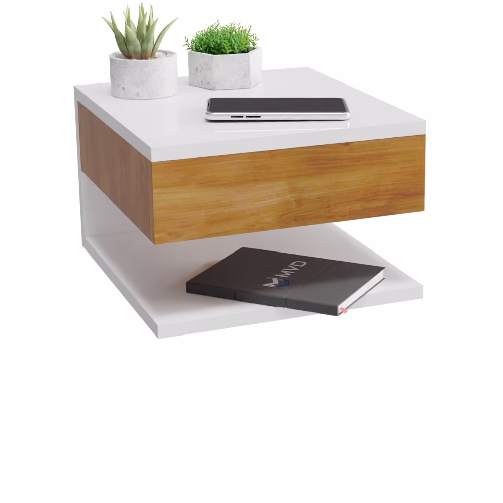 Mesa De Cabeceira Cor Branco E Madeira Freijó Mesinha Suspensa Com Gaveta e Prateleira MVD Móveis