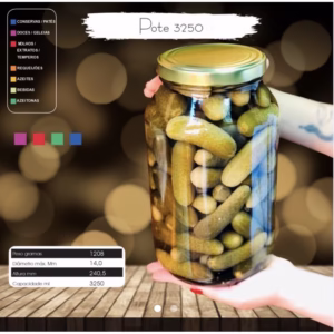 Pote De Vidro 3250ml + Tampa dourada Conservas palmito batata ( chocobraz )