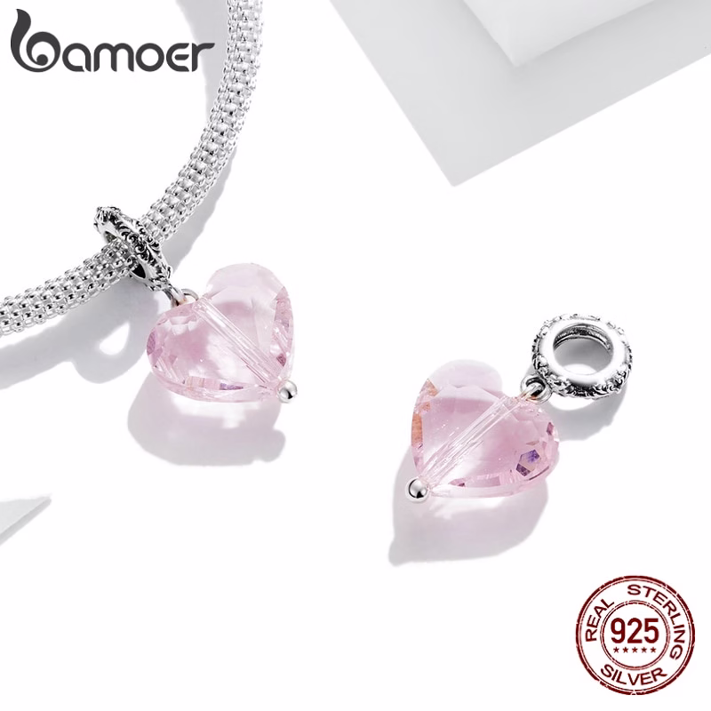 Bamoer 925 Prata Esterlina Coração Pingente Azul E Rosa Contas Para Pulseira Colar DIY Acessórios De Moda SCC1816 - Imagem 2