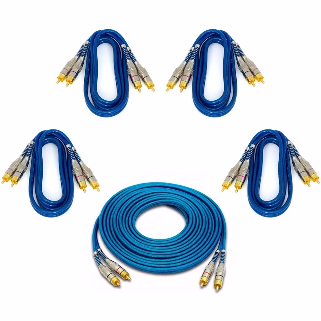 Kit 4 Cabos Rca 1 Metro + 1 Rca 5 Metros Blindado Plug Metal