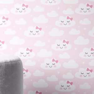 Papel Parede Quarto Menina Bebê Nuvem Rosa Laço Fofo 3m