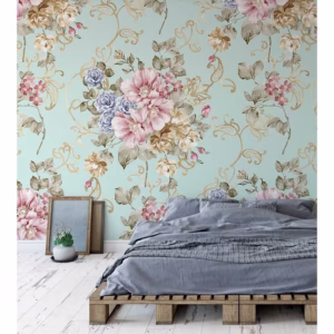 Papel de parede flores rosas e roxa com fundo verde marinho