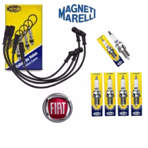 Kit Jogo de 4 Cabos e 4 Velas Palio Siena Punto Uno Strada Fire 8v Flex 2005 em diante bobina única