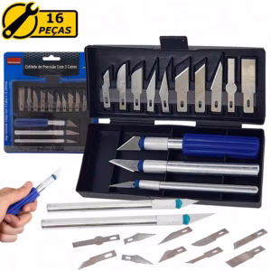 Kit Jogo Estilete De Precisão 16 Peças Estojo Magnético Tipo Bisturi Uso Geral + Maleta