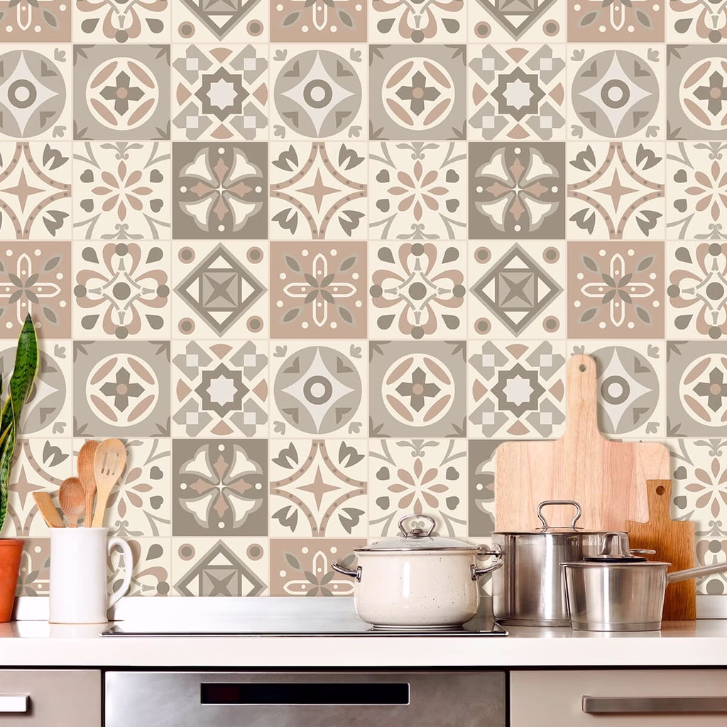 Adesivo de Azulejo Hidraulico em Tons de Bege e Marrom 2,70m