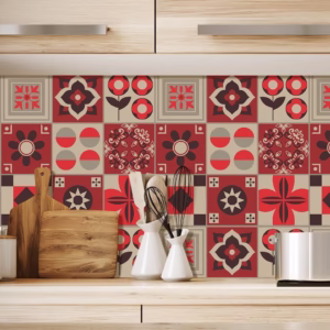 Adesivo de Azulejo Hidraulico em Tons de Bege e Vermelho 2,70m