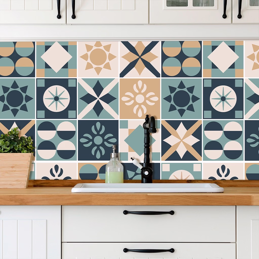 Adesivo de Azulejo Hidraulico Bege, Azul e Verde lavável - Imagem 2