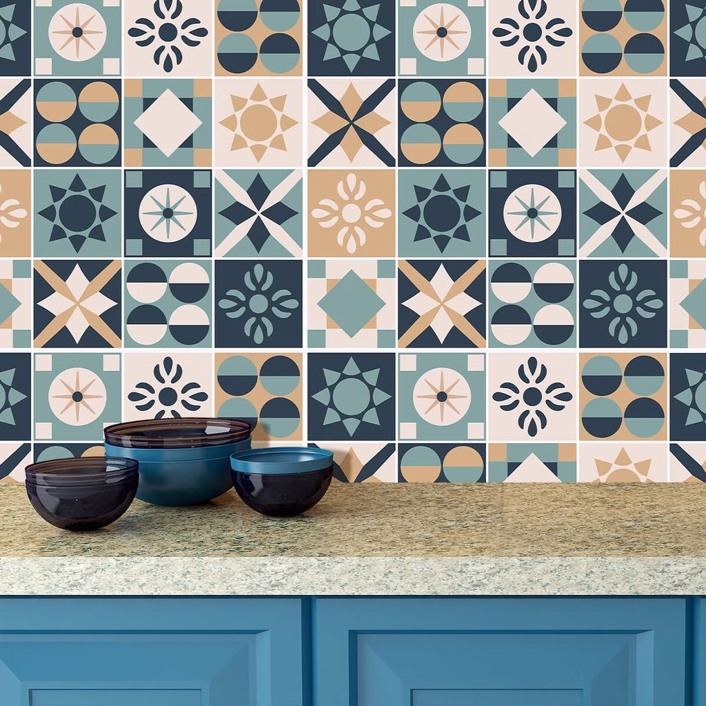 Adesivo de Azulejo Hidraulico Bege, Azul e Verde lavável