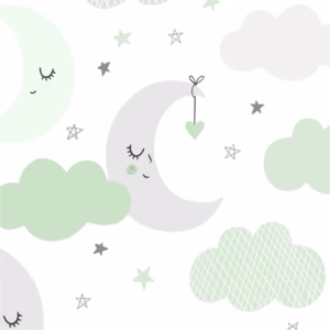 Papel de Parede Baby Nuvens e Lua Cinza e Verde