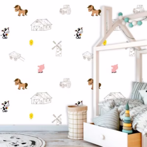Papel de Parede Baby Fazendinha Cut Curral Cavalo Porco Vaca Pintinho