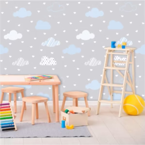Papel de Parede Infantil Nuvens Cinza, Branco e Azul