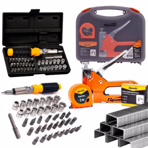 Kit Jogo De Ferramentas 44 Peças Soquetes Bits C/ Chave Catraca + Kit Grampeador