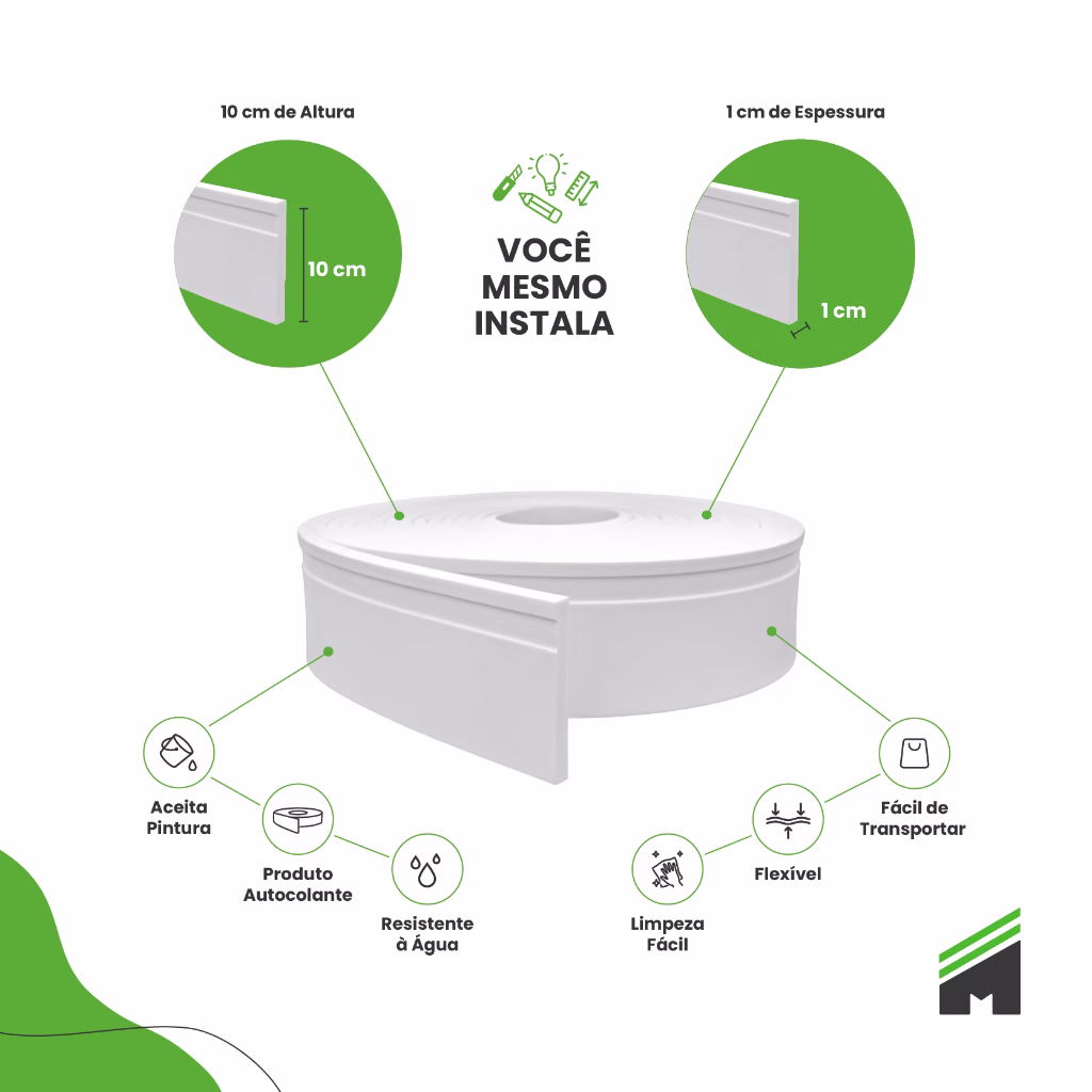 Rodapé Moldura Flexível EVA Autocolante 10cm - c/passa fio - Imagem 2