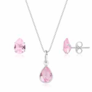 Kit brinco e colar gota ponto de luz rosa claro prata 925