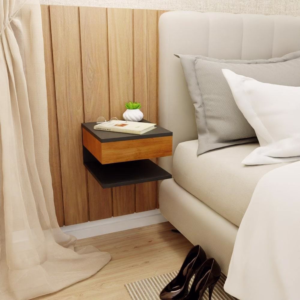 Kit 2 Mesa de Cabeceira Preto e Madeira Freijó Mesinha Suspensa com Gaveta e Prateleira MVD Moveis - Imagem 2