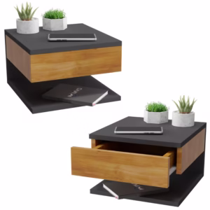 Kit 2 Mesa de Cabeceira Preto e Madeira Freijó Mesinha Suspensa com Gaveta e Prateleira MVD Moveis