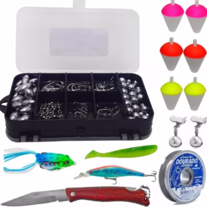 Kit De Pesca Esportiva Anzol Iscas Articiais Boias Giradores