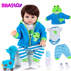 Brastoy Bebê Boneca Reborn Menino Olhos Castanhos Cabelo Curto Roupas Sapo 48cm