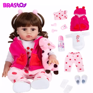 Brastoy Boneca Bebê Reborn Menina Silicone Olhos Castanhos 48cm Pode Dar Banho Com Girafinha e Panda